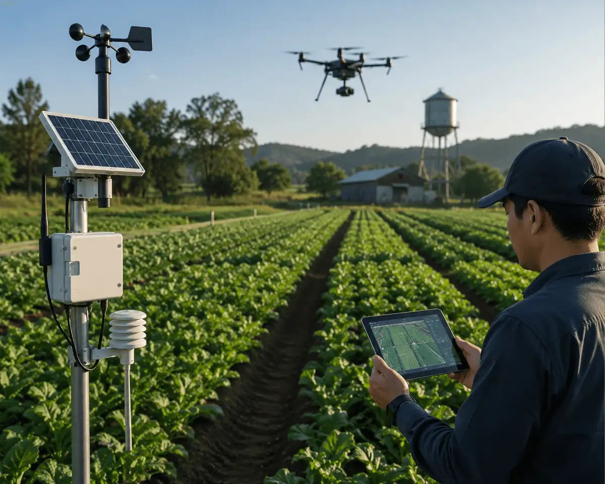 IoT-enabled smart farming system with drones, field sensors, solar-powered monitoring stations, and precision agriculture technology for efficient farm management.